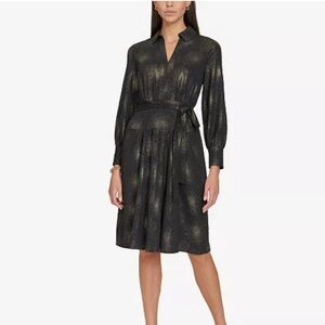 NWT Calvin Klein black gold shimmer belted holiday Shirtdress 6!